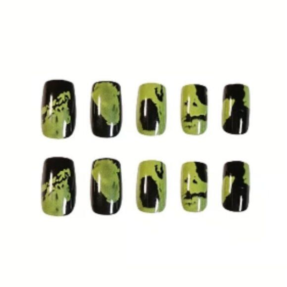 24 Piece Press On Fske Nails Dark Green Future Art Graffitti Manicure Finish - Picture 4 of 6